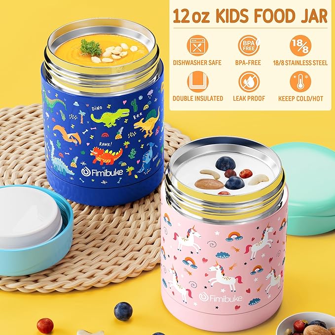 Fimibuke Kids Bento Snack Lunch Box with 4 Compartments, Insulated lunch Bag, Stainless Steel Thermo Food Jar, Ice Pack & Utensils, Unicorn Birthday Gifts for Age 3-12 Back to School Toddler Girl Boy