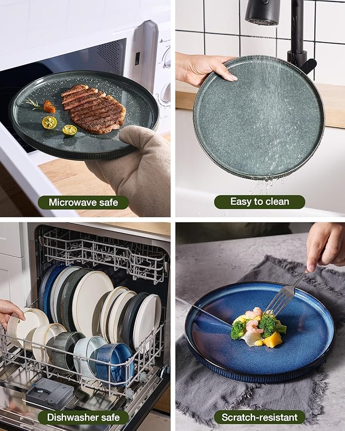 Famiware Star 16-Piece Stoneware Dinnerware Sets, Service for 4 - Shallow Pasta Bowls & Flat Plates, Modern Rustic Reactive Glaze Dishes, Chip/Scratch Resistant, Microwave/Dishwasher Safe, Deep Forest