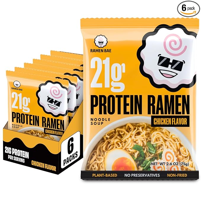 Ramen Bae High Protein Ramen Noodles - Chicken Flavor 21g Protein Soup - Air Dried Not Fried, Plant Based, Vegan Ramen Protein Noodles - Lower Carb, Sodium & Fat - Clean & Simple Broth (Pack of 6)