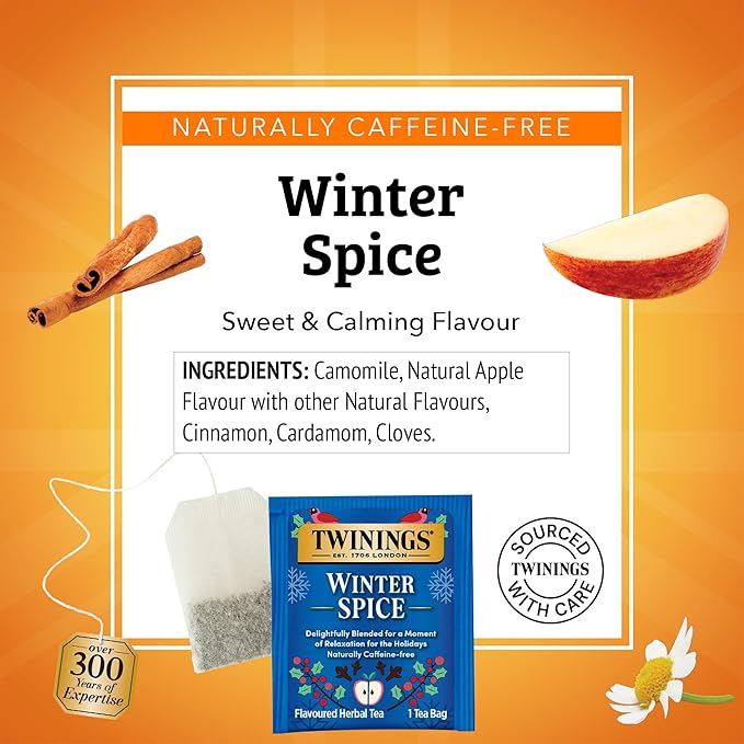 Twinings Winter Spice Herbal Tea Individually Wrapped, 20 Count (Pack of 6), Includes Camomile, Apple, Cinnamon, & Clove, Caffeine-Free, Enjoy Hot or Iced