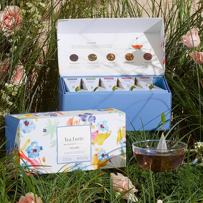 Tea Forte Premium Presentation Box Gift Set Sampler, 20 Count, Assorted Blends Individually Wrapped Handcrafted Pyramid Infuser Bags, Gifts for Mom, Volare