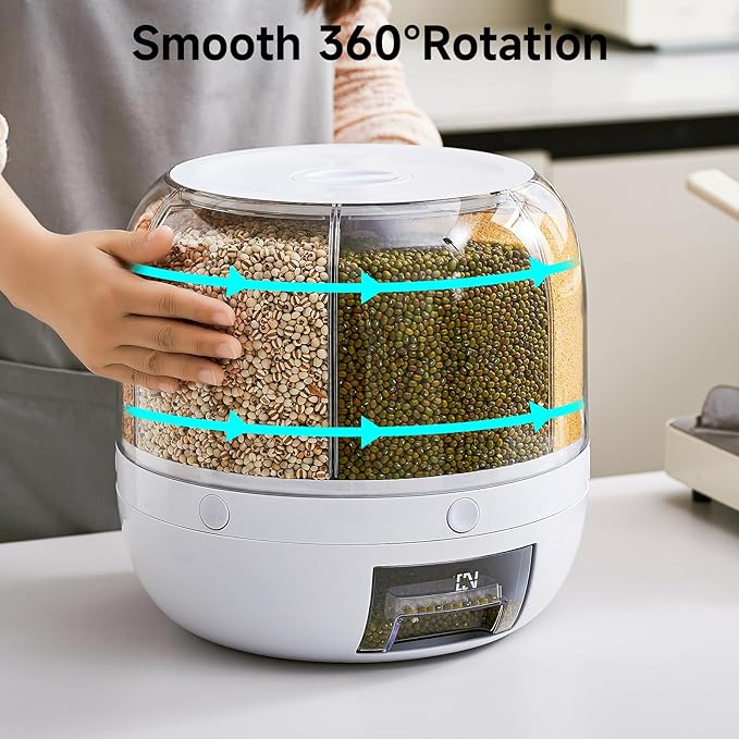UFORU Rice Dispenser | 360° Rotating Grain Storage Bin - 6 Grids, 20LBS Large Capacity Food Container, Moisture-Proof, One-Click Output for Rice, Beans & Pet Food - Kitchen Pantry Organizer