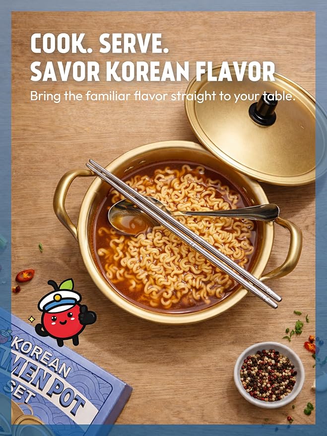 Korean Ramen Pot Set (with Lid, 304 Stainless Steel Spoon & Chopsticks), Gold Korean Ramen Noodle Pot, 30.7oz/900ml, Double Handle, Fast Heating Stovetop Cooking Pot for Shin Ramyun