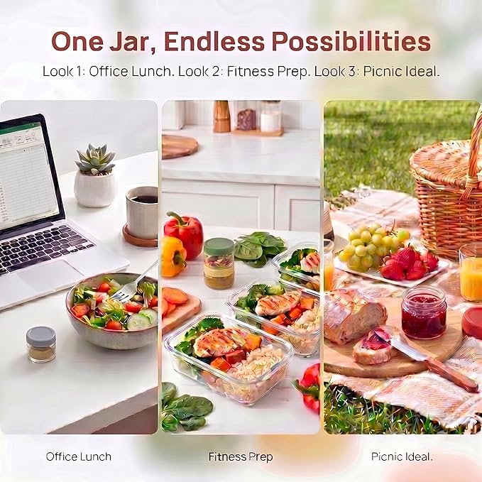 EONJOE 2 oz Glass Dressing Containers To Go Sauce Cups Mini Condiment Dip Jars with Lids Lunch Box Accessories,6-Pack