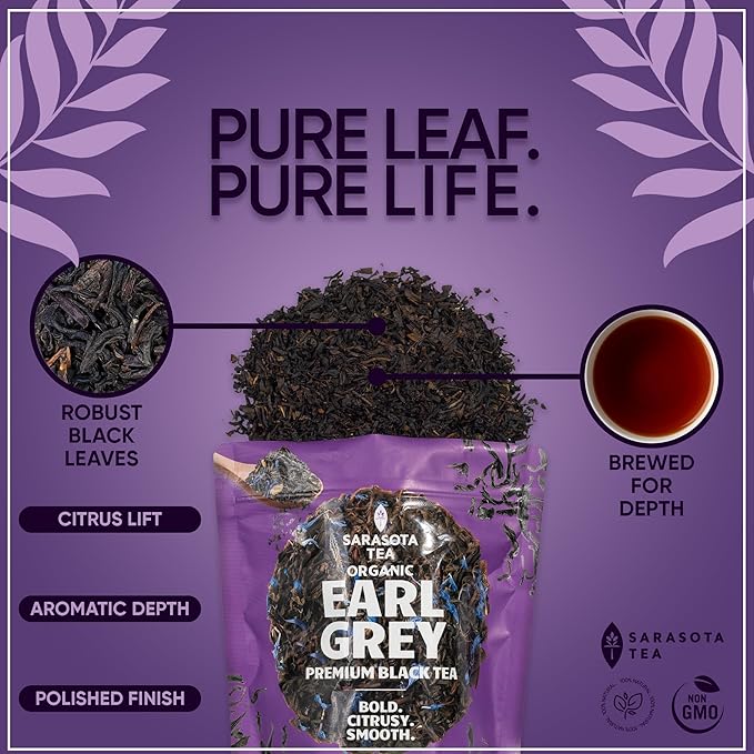 Organic Earl Grey Loose Leaf Tea by Sarasota Tea | Premium Black Tea with Natural Bergamot | Strong & Aromatic | 4.4 oz Bulk Bag | Hot or Iced | Non-GMO