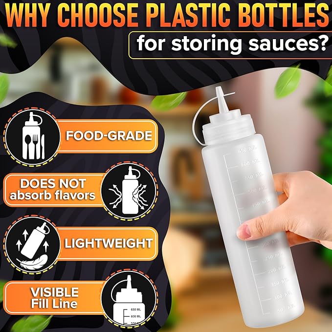 3-Pack Plastic Condiment Squeeze Bottles 24oz – Refillable Squirt Bottles with Narrow Tip, Leak-Resistant | Great for Oil, Sauces, Ketchup, Mayonnaise, Syrup, Dressing, BBQ Stations & Catering Use