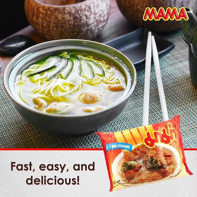 MAMA Noodles Creamy Shrimp Tom Yum Instant Spicy Noodles w/Delicious Thai Flavors, Hot & Spicy w/Creamy Shrimp Tom Yum Soup Base, No Trans Fat w/Fewer Calories Than Deep Fried Noodles 30 Pack