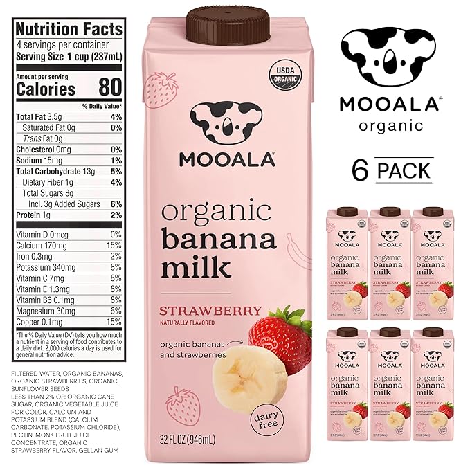 Mooala – Organic Strawberry Bananamilk, 32 fl oz (Pack of 6) – Shelf-Stable, Non-Dairy, Nut-Free, Gluten-Free, Plant-Based Beverage with No Added Sugar