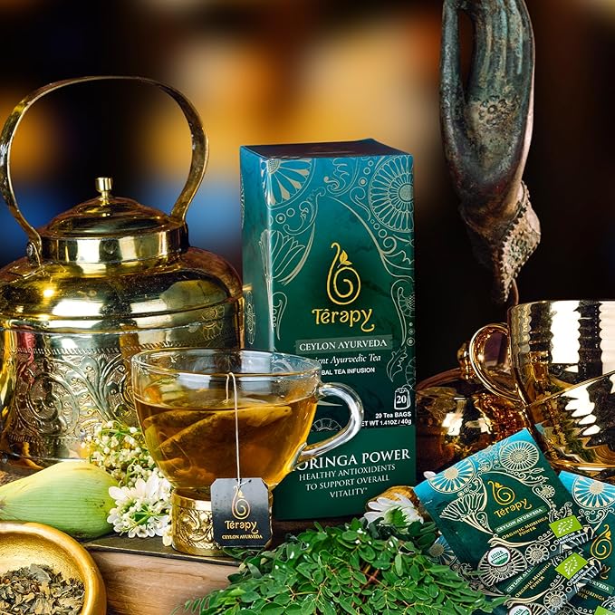 TERAPY Moringa Tea Bags Organic Herbal Drink, Ayurvedic Ceylon Blend with Green Tea, Cinnamon, Lemongrass & Licorice, Supports Metabolism, Enhances Stamina, Antioxidants, Vegan, Gluten-Free – 20 Bags