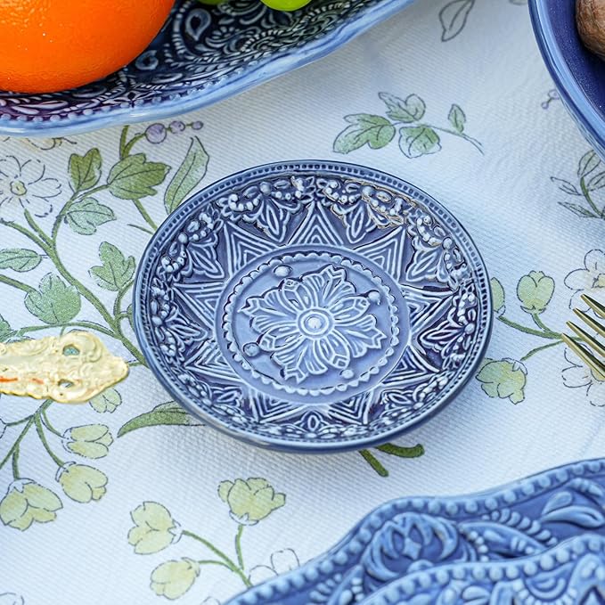Sungmor Embossed Stoneware Fine Dining Dinnerware, Antique Baroque Style Porcelain 4 Inch Soy Saucer Dish, Set of 4 Sophisticated Ceramic Dipping Bowl, Appetizer Dessert Plate, Ketchup, Spices Bowl