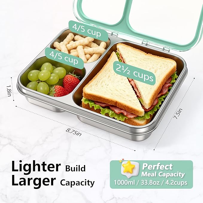 HOMEKOL Stainless Steel Bento Lunch Box, 3-Compartment Leak-Proof Metal Lunch Container for Kids & Adults, BPA-Free, Dishwasher Safe, Clear Tritan Lid, 4.2Cups/1000ml Green (Not Insulated)