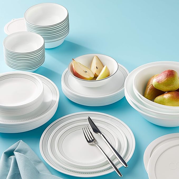Corelle Vitrelle 78-Piece Service for 12 Dinnerware Set, Triple Layer Glass and Chip Resistant, Lightweight Round Plates and Bowls Set, Mystic Gray