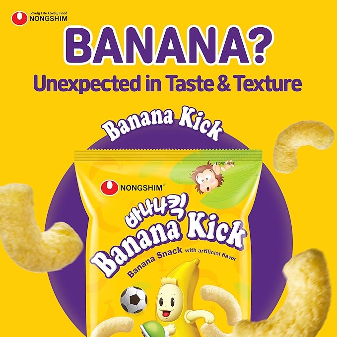 Nongshim Banana Kick Puff Snack - Crispy Corn Puff with Banana Flavor, Soft and Sweet Fruit Snack for All Ages, K-Pop Favorite Korean Treat, 1.58 oz (Pack of 20)