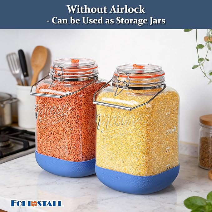 2 Pack 1.5 Gallon Large Fermentation Jar with 3 Airlock, Stainless Steel Handle, Non-Slip Silicone Base, Wide Mouth Glass Jars with Scale Mark - Pickle Jars for Sauerkraut, Sourdough Starter