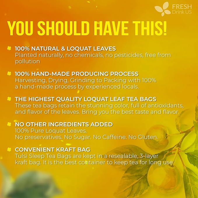 FreshDrinkUS, Premium 40 Tea Bags Loquat Leaf Tea | Eriobotrya japonica | Herbal Tea Bags | Naturally Dried Loquat Leaves | Caffeine-Free Botanical Tea. Sugar-Free. Caffeine-Free. Vegan