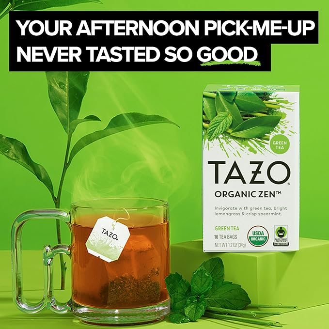 TAZO Organic Zen Green Tea Bags, Caffeine Free Tea with Refreshing Lemongrass & Spearmint, 96 Total Tea Bags (16ct - Pack of 12)