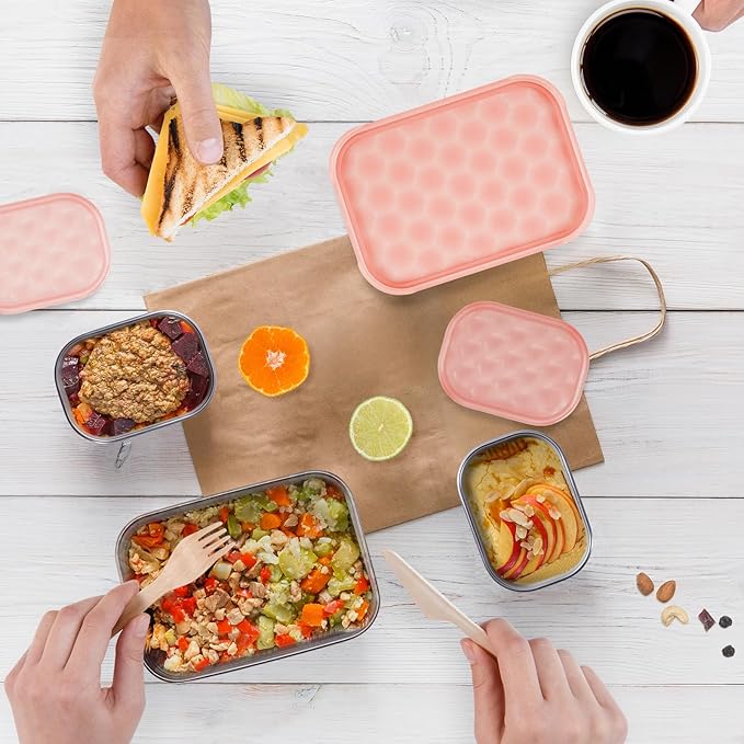 Tanjiae Small Stainless Steel Lunch Containers for Kids | Leak Proof Snack Containers with Silicone Lids - Perfect Metal Lunch Box with Lids for School and Daycare (25oz+8oz*2)