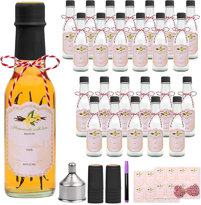 5oz Clear Woozy Bottles with Shrink Capsules,Small Wine Bottles With Shirnk Bands Glass Hot Sauce Bottles,Empty Small Beverage/Canning Bottles With Black Caps Set of 25