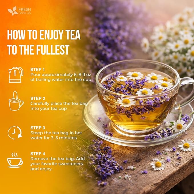 FreshDrinkUS, Premium 135 Chamomile Lavender Tea Bags, 100% Natural Herbal Ingredients, Hand-made Blend of Chamomile Lavender Flowers, Eco-conscious Tea Bags. No Sugar, No Caffeine, No Gluten, Vegan