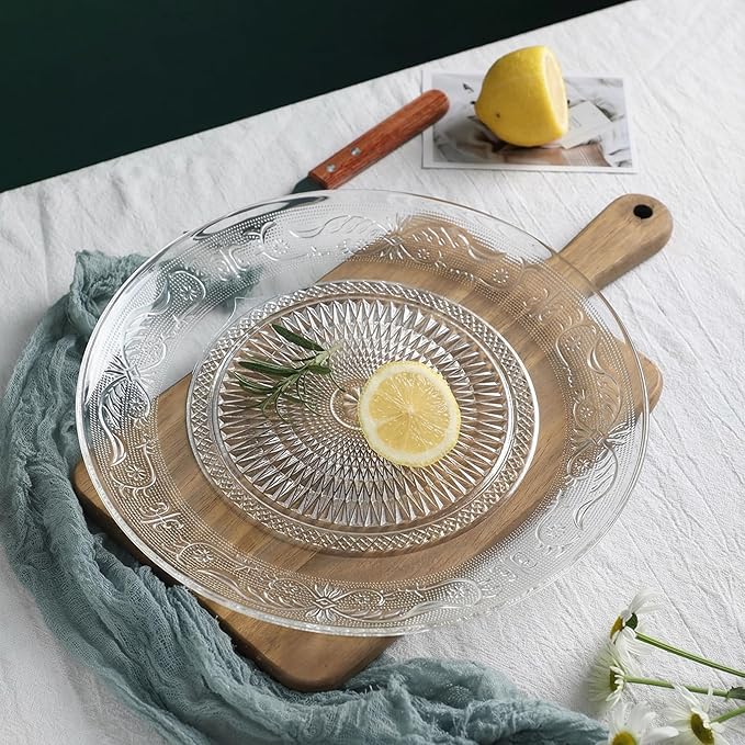 Elsjoy 6 Pack 10 Inch Large Glass Dinner Plate, Clear Round Serving Plate Vintage Embossed Dinnerware for Salad, Pasta, Fruits