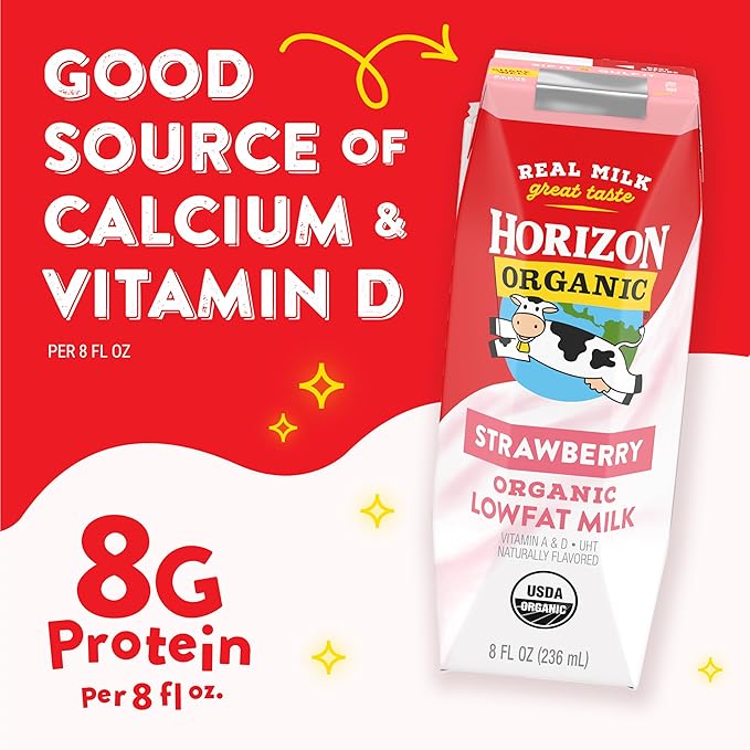 Horizon Organic Shelf Stable 1% Lowfat Strawberry Milk Boxes, Pack of 12 - 8g Protein per Serving