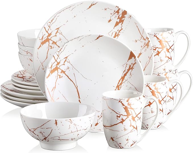 LOVECASA White Dinnerware Sets for 4, 16 Piece Porcelain Dish Set Plates and Bowls Sets, Gold Splash Glaze Ceramic Dinner Set with Mugs, Dishwasher Microwave Safe