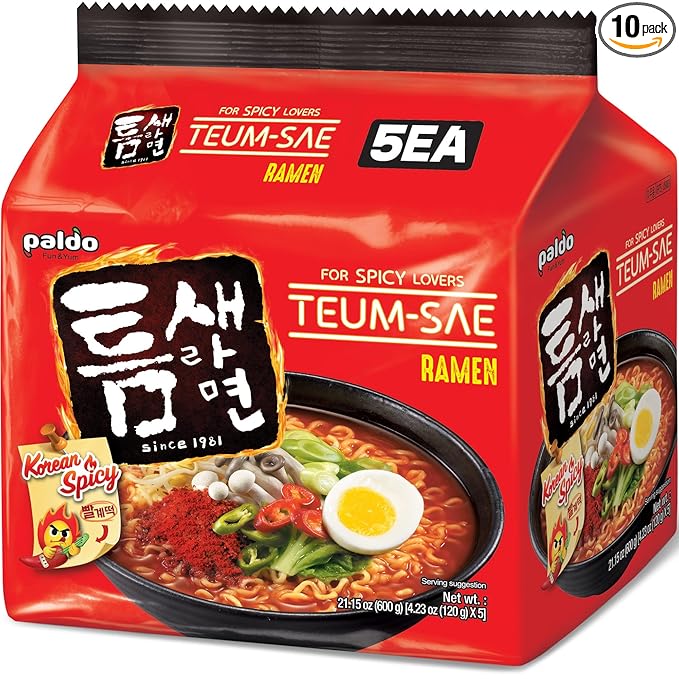 Paldo Fun & Yum Extra Hot Spicy Instant Noodles with Soup, Pack of 10, Teumsae Ramen with Spicy Broth, Best Oriental Style Korean Ramyun, Spicy Ramen Challenge, K-Food, 틈새라면 빨계떡 120g x 10