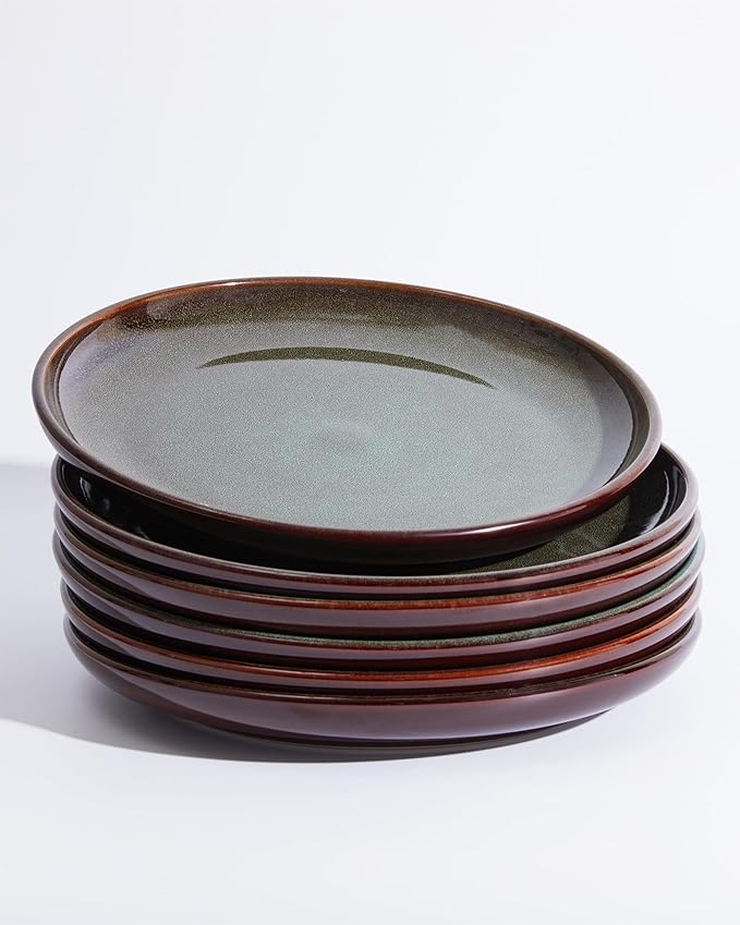 Pokini Ceramic Dinner Plates Set of 6, 10 Inch Handmade Reactive Glaze Stoneware Plates, Modern Rustic Dinnerware, Microwave & Dishwasher Safe, Scratch Resistant-Brown and Green
