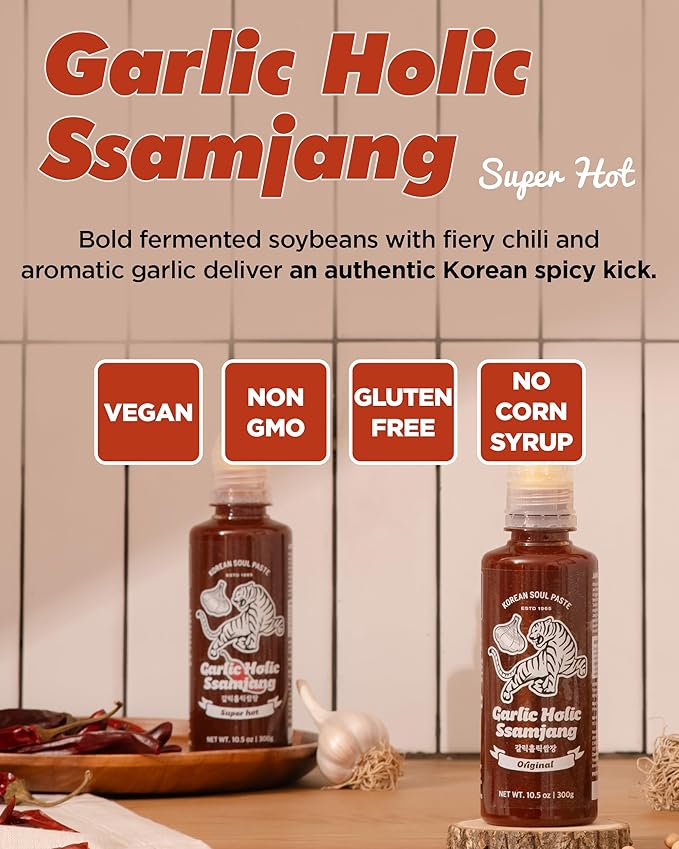 Korean Garlic Holic Ssamjang Super Hot - Extreme Heat Seasoned Bean Paste for Korean BBQ Essential, Barbecue Dipping Sauce, Mix of Gochujang & Deonjang - Vegan, Non-GMO, 10.1 oz.