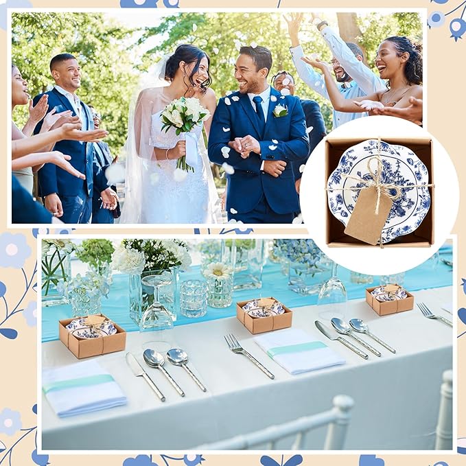 SiliFine 24 Pcs Wedding Favors for Guests Small Ceramic Bowl Bulk Gifts Set 3.3 Inch Floral Design Mini Dipping Sauce Dish with Card Box for Bridal Pooja Baby Shower Birthday (Flower,Blue)