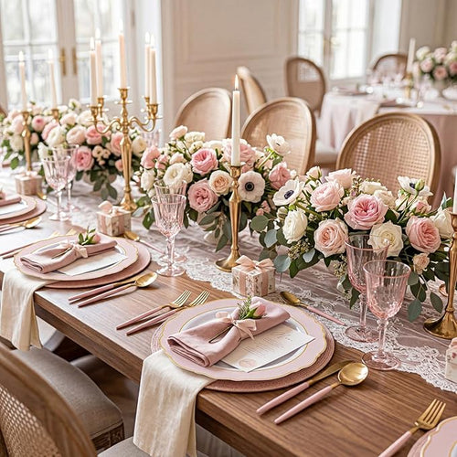 WDF 60pcs Pink Plastic Plates - 10.25inch Baroque Pink And Gold Disposable Dinner Plates for Upscale Parties -Special for Baby Shower/Birthday/Weddings