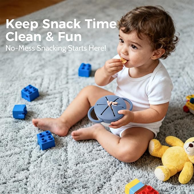 2 Pack Stainless Steel Spill Proof Snack Cup for Baby Toddlers Kids, with Silicone Food Catcher, Travel Lid, Spill-Proof Bowl Containers, Non Toxic BPA Free (Morandi Blue and Off-white)