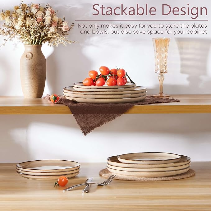 Herogo Ceramic 7.9 Inch Dinner Dessert Plates Set of 4, Small Stoneware Dinnerware Plate Set, Double Reactive Glaze Large Dinnerware Plates for Kitchen, Microwave, Oven & Dishwasher Safe, Cream Khaki