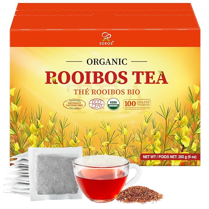 Soeos Organic Rooibos Tea, 100 Count (Pack of 1), Naturally Sweet Herbal Tea, Caffeine Free, USDA Organic, Red Rooibos Tea Bags, Farmed in South Africa 9oz (250g)