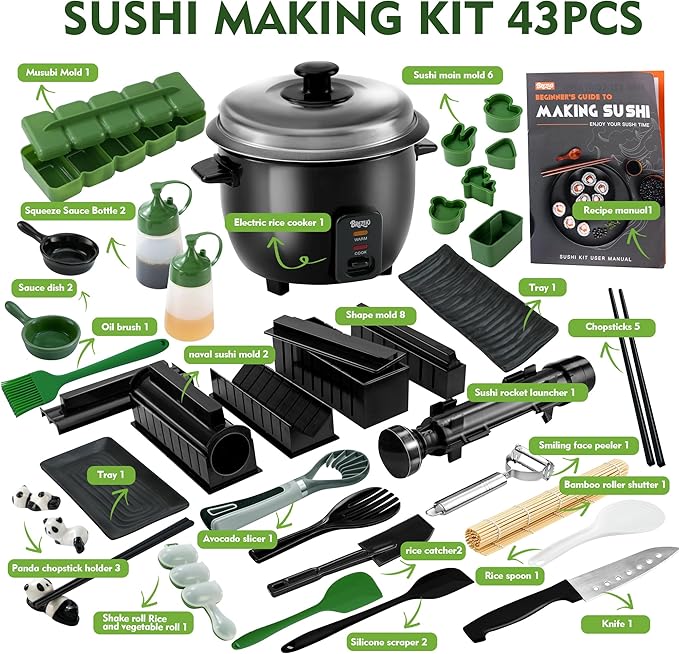 Sushi Maker Kit – 43-Piece Complete Set with Bazooka Roller, Onigiri Shaper, Nigiri Mold, Bamboo Rolling Mat & Tools | DIY for Beginners (Green)