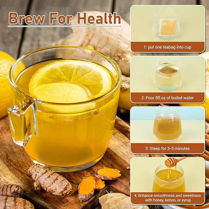 Turmeric Ginger Cinnamon Tea Bags, Pure Natural Ginger Turmeric Herbal Blend Tea with Cinnamon for Promoting Digestion, Boosts Immunity, Caffeine-Free, No Additives (120 Bags/1 Pack）