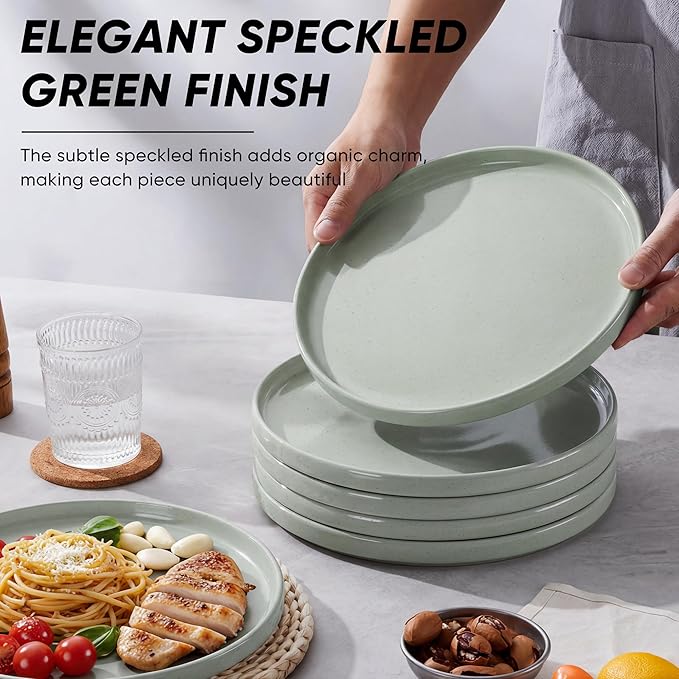 E-far Dinner Plates Set of 6, 10.5 Inch Stoneware Dinner Plate with Raised Edges, Chip & Scratch Resistant | Microwave & Dishwasher Safe Modern Ceramic Dishes for Dessert Salad, Speckled Green