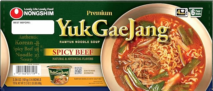 Nongshim Yukgaejang Big Bowl, Premium Ramyun Noodle Soup, Spicy Beef, 3.56 oz (Pack of 6)
