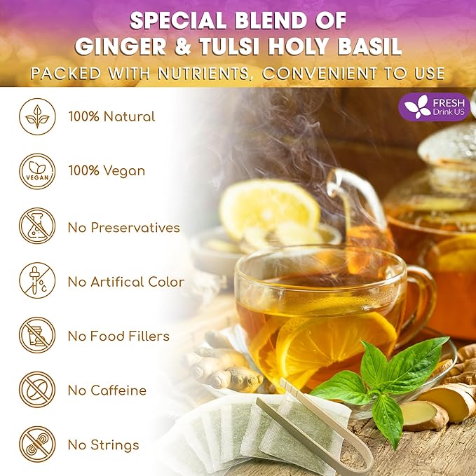 FreshDrinkUS, Premium 55 Ginger Tulsi Tea Bags, 100% Natural, Hand-made Blend of Ginger and Tulsi Holy Basil Leaves, Eco-conscious Tea Bags. Herbal Tea. No Sugar, No Caffeine, Vegan.