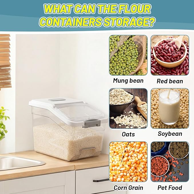 Blushtier 4 Pack Large Rice Storage Containers 30 Lbs Airtight Flour Container with Seal Locking Lid and Measuring Cup Kitchen Dry Food Storage Bins for Cereal Sugar Beans(Transparent and White)