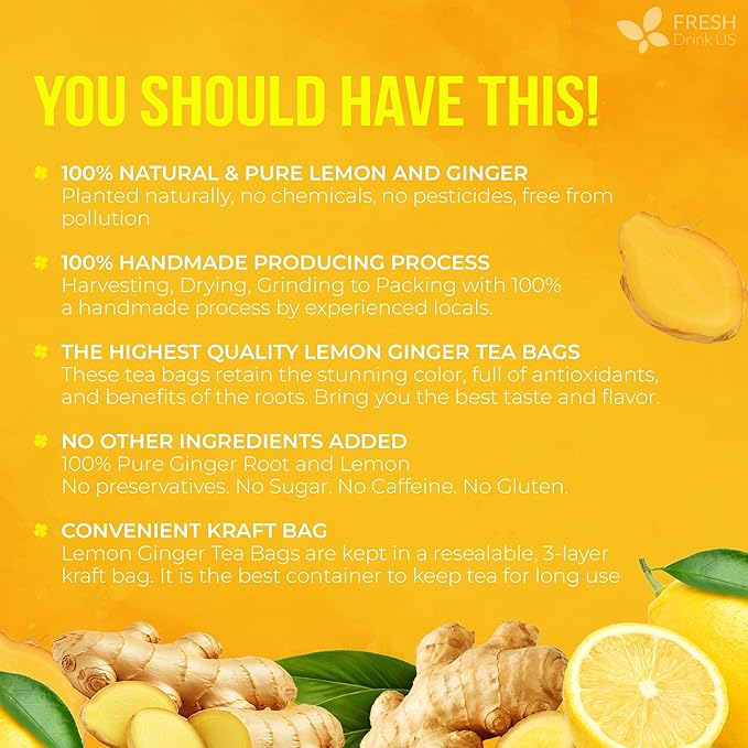 FreshDrinkUS, Premium 150 Lemon Ginger Tea Bags, 100% Natural Ingredients, Hand-made Blend of Lemon and Ginger, Eco-conscious Tea Bags. No Sugar, No Caffeine, Vegan.