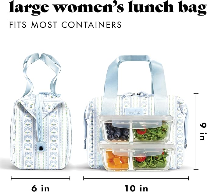 Fit & Fresh Remi Lunch Bag for Women Work – Neoprene Lunch Tote with Containers & Ice Pack, Reusable Meal Prep Lunch Box, Large Capacity, Machine Washable, Blue Wallpaper Bows