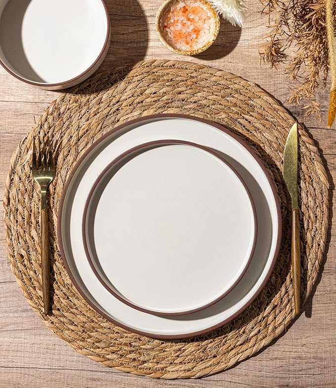 LERATIO Dinner Plates,10.25 Inch Ceramic Flat Plates Set of 6,High Edge Modern plates for Kitchen,Microwave & Dishwasher & Oven Safe, Scratch Resistant Dishes Set-White with Rim