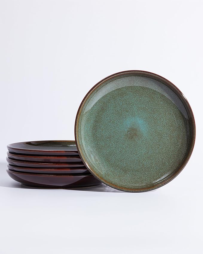 Pokini Ceramic Salad Plates Set of 6, 8.0 Inch Reactive Glaze Dish Set, Small Dinner Plate for Dessert, Salad, Appetizer, Microwave & Dishwasher Safe, Scratch Resistant-Brown and Green