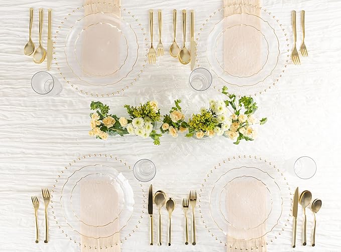 PLASTICPRO 24 Piece Clear WithGold Rim Aristocratic Combo Plastic Dinner Plates Disposable Plastic Fancy Heavy Duty Party Dishes 12, 7'' inch and 12, 10'' inch, Clear With Gold Rim