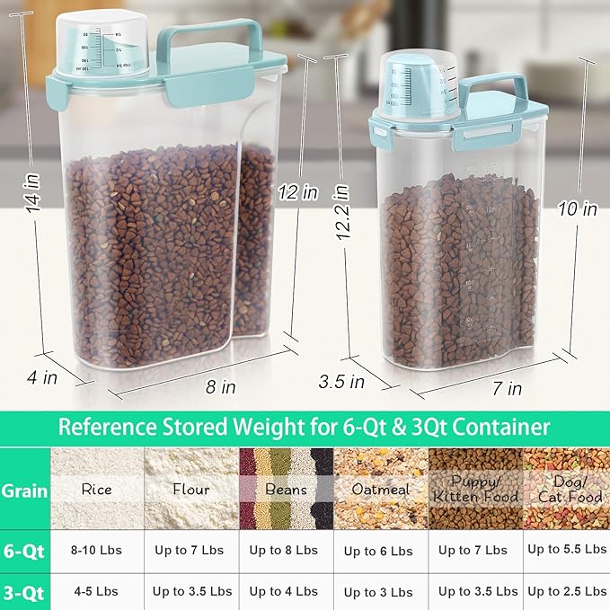 TBMax 2 Pack Airtight Rice Container 5 Lbs +10 Lbs, Cereal Container Oatmeal Storage with Easy-pouring Spout & Handy Cup for Flour Grain Beans, Pet Dog Cat Bird Food Storage Dispenser -Sky Blue