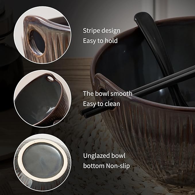 Ramen Bowl with Chopsticks and Spoons Set, 7 Inch Ceramic Noodle Bowl Set of 2, Dishwasher Safe for Pho Udon Soba Noodle Salad Pasta, Special Reactive Glazed Bowls Set, Amethyst Veil