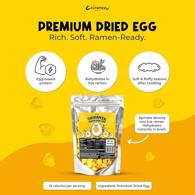 CHIRAMEN Dried Egg Ramen Toppings – Freeze Dried Scrambled Egg Pieces for Instant Noodles, Cup Ramen, Fried Rice & Soups – Easy Protein Add-On for Quick Meals