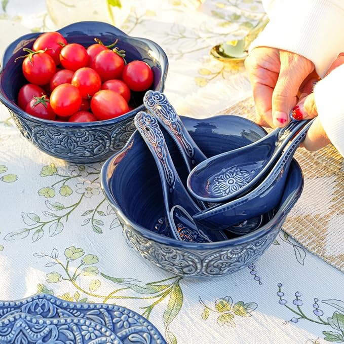 Sungmor Embossed Stoneware Fine Dining Dinnerware, Antique Baroque Style Porcelain 6 Inch (20 oz) Flower Shape Bowls Set of 4, Sophisticated Ceramic Bowls for Soup, Cereal, Oatmeal, Rice, Pasta, Salad