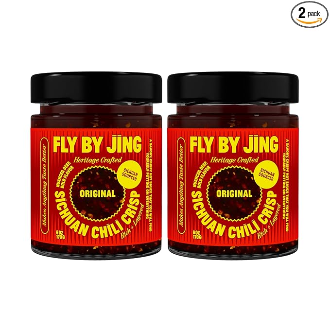 FLYBYJING Original Sichuan Chili Crisp: Premium Chili Oil w/Crunchy Garlic and Shallots - Spicy, Savory, Vegan, Sugar Free Hot Sauce - Good on Noodles, Proteins, Veggies & Everything, 6oz (Pack of 2)